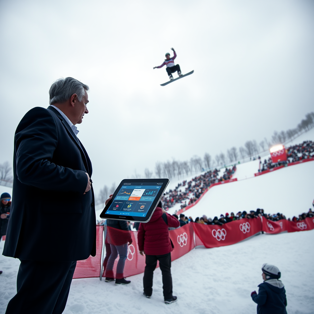 Chloe Kim executes a maneuver during her gold medal-winning halfpipe run as an International Olympic Committee official monitors performance metrics.