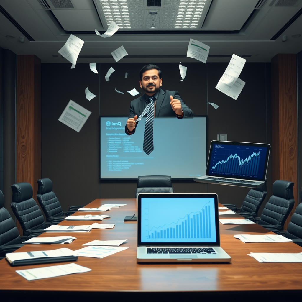 CFO Inder Singh observes as financial documents and the physical manifestation of IonQ's stock price levitate during an earnings call after the company issued unexpectedly strong revenue guidance.