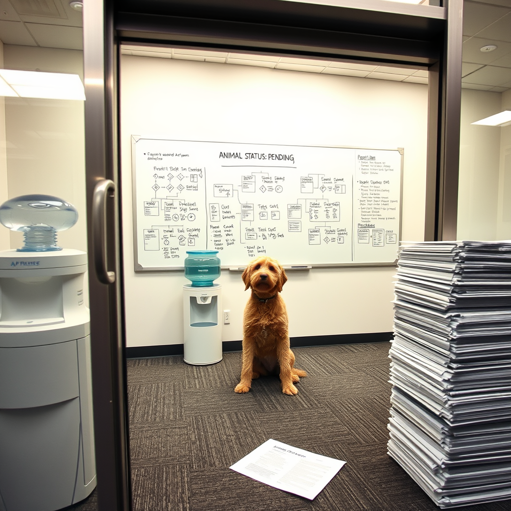 A goldendoodle awaits a jurisdictional ruling inside a temporary holding facility at Harry Reid International Airport, where a multi-agency task force debates its official classification.