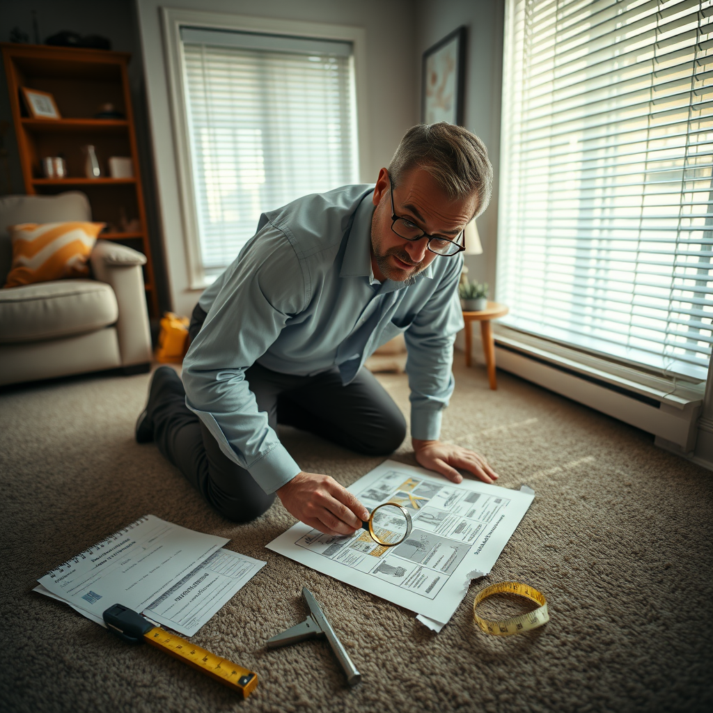 Cleveland paralegal Mark Driscoll examines a Doonesbury comic strip as part of his attempt to extract a literal sense of balance, surrounded by tools and city permits.