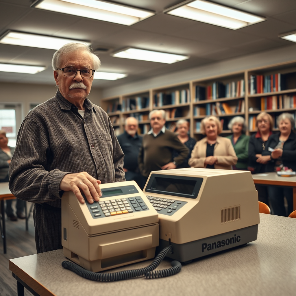 Arthur Finch, president of the Elmwood Doonesbury Appreciation Society, stands with the group's fax machine after a failed attempt to send a communiqué to the Parks Department.
