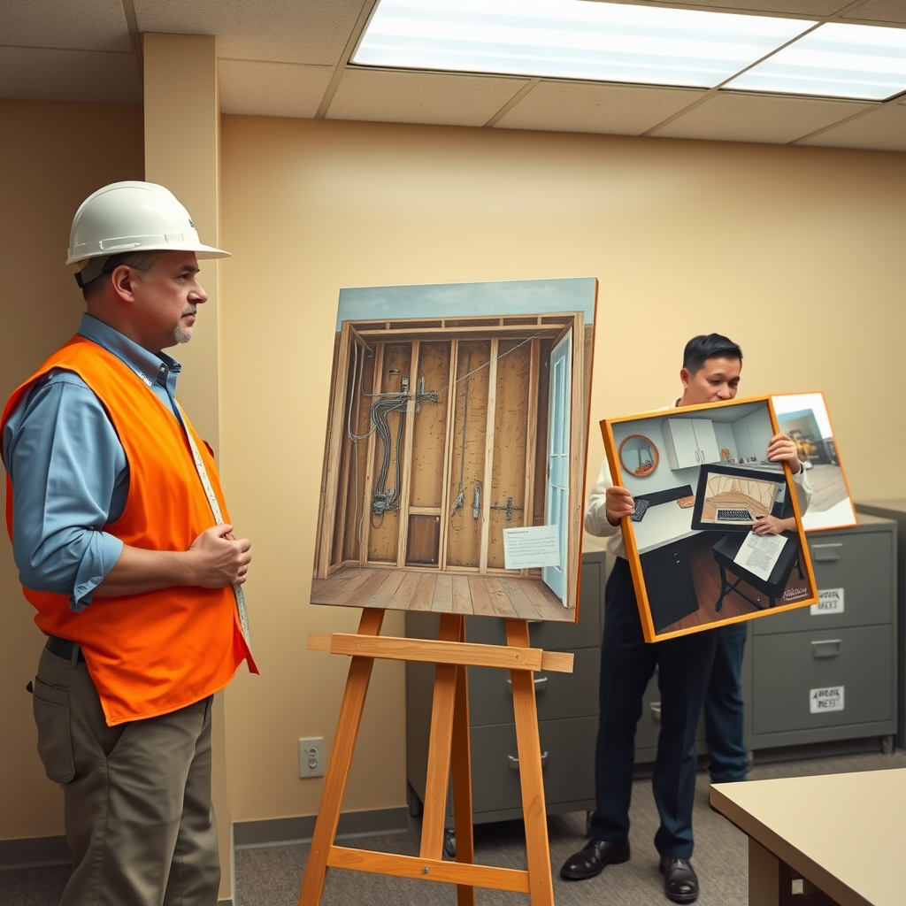 Los Angeles building inspector reviews Erin Wright's hyperreal painting as architectural blueprint during home renovation approval process.