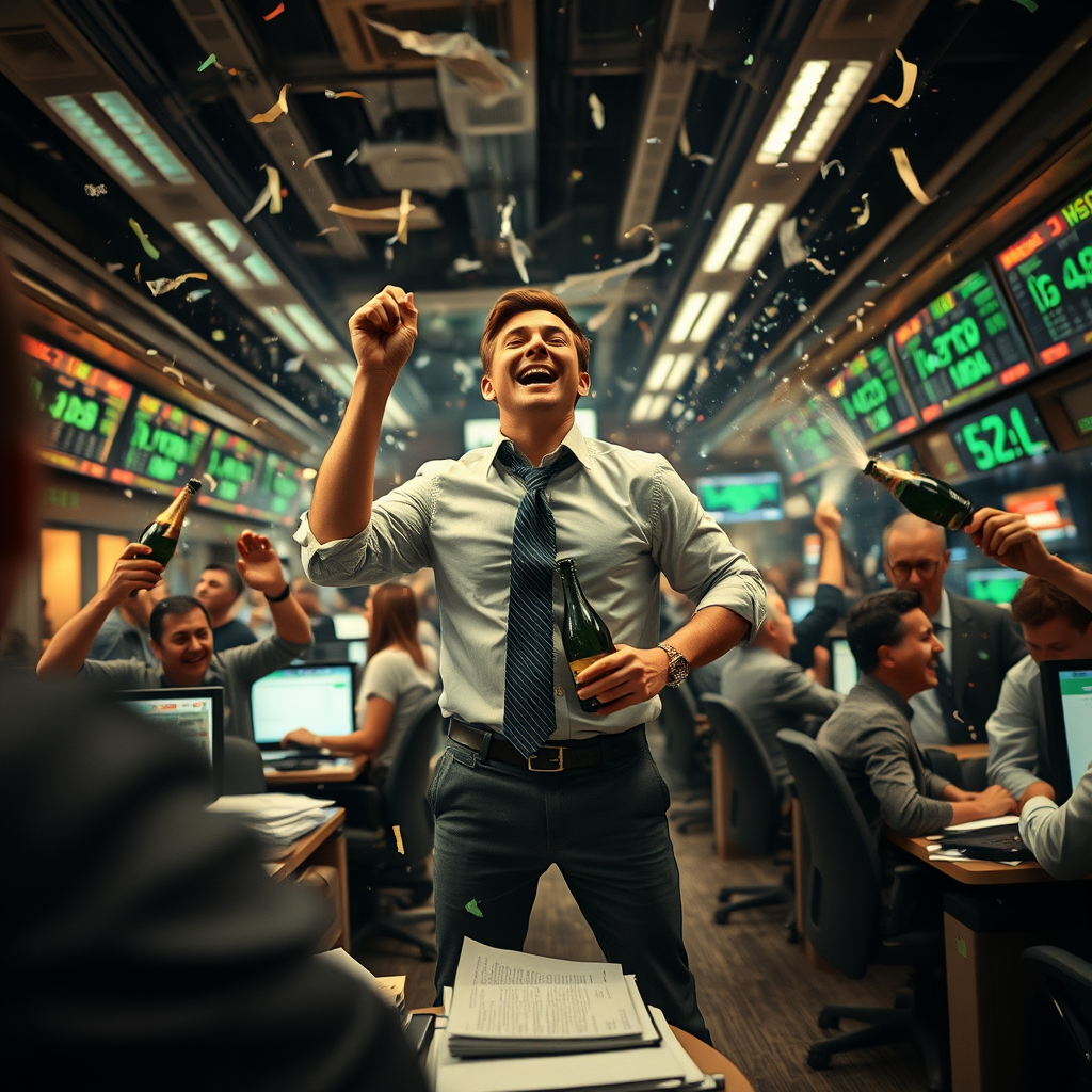 A trader reacts to market gains on the floor of the New York Stock Exchange following a major programming change announcement from financial news network First Light News.