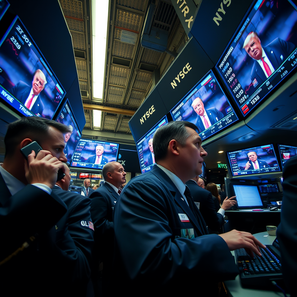 Traders on the floor of the New York Stock Exchange monitor a live presidential address, which markets have interpreted as a continuous bullish signal, prolonging a stock rally indefinitely.