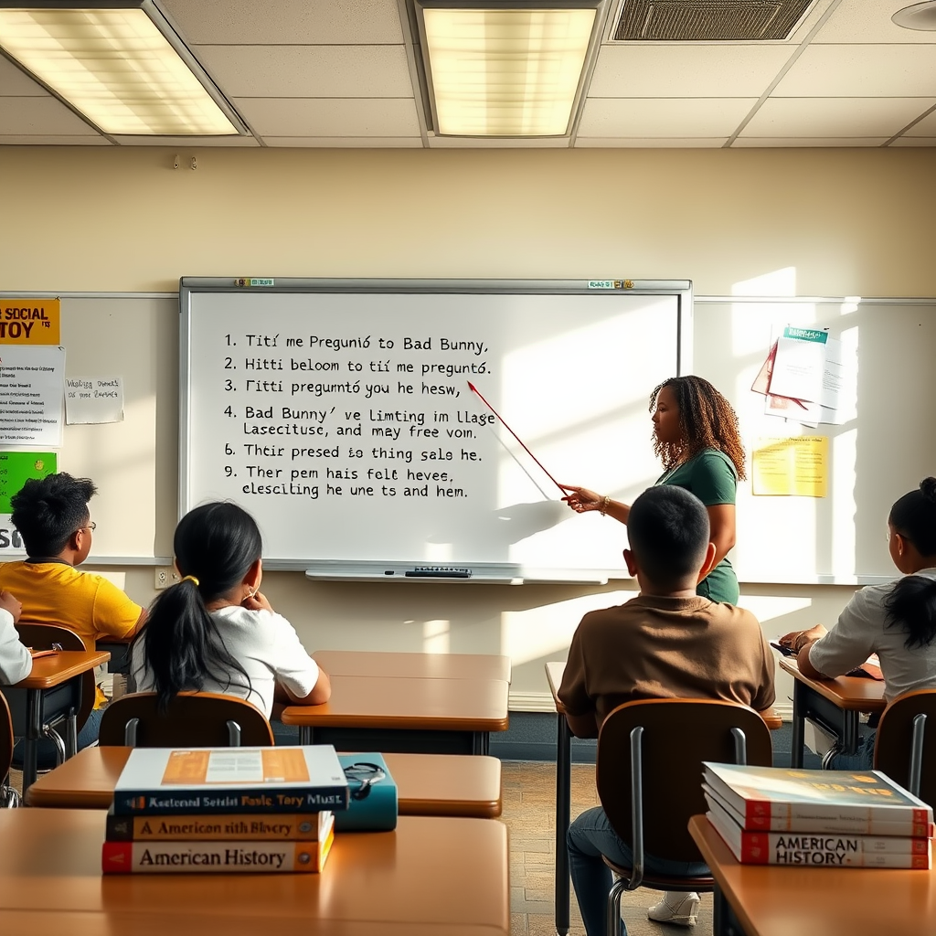 Baltimore social studies teacher Cheryl Ann Blevins leads a lesson analyzing Bad Bunny lyrics as historical documents after district textbook delays.