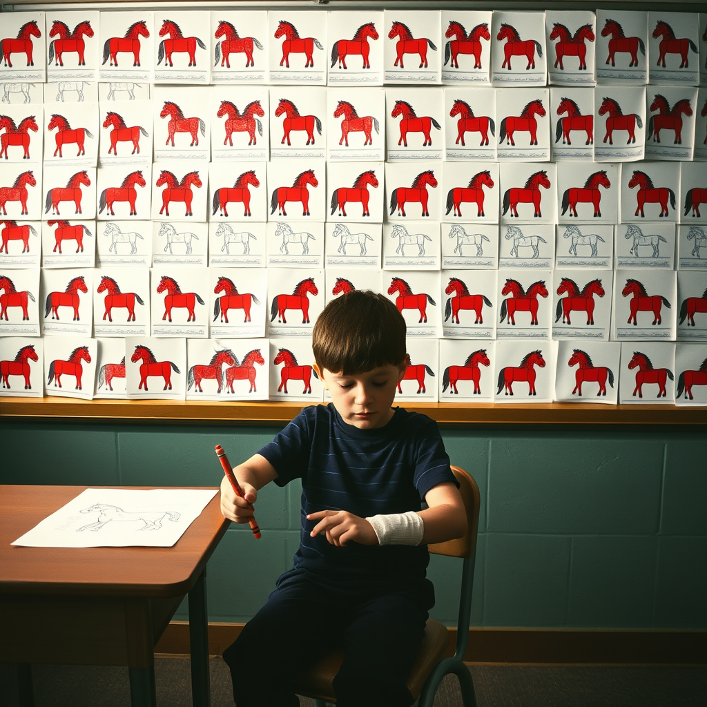 Timmy Rourke, a fourth-grade student in Northwood, Ohio, reviews a Lunar New Year coloring sheet as a bulletin board displays hundreds of identical horse drawings, part of a district-wide initiative that achieved perfect compliance metrics.