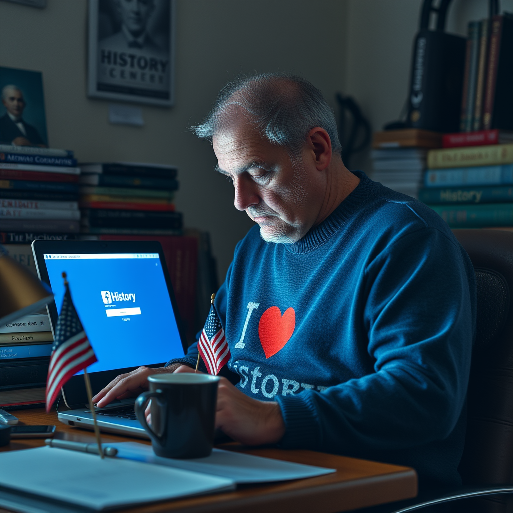 Naperville historian Brian Fletcher attempts to log into Facebook during ongoing technical difficulties with his Presidents Day exhibit event.