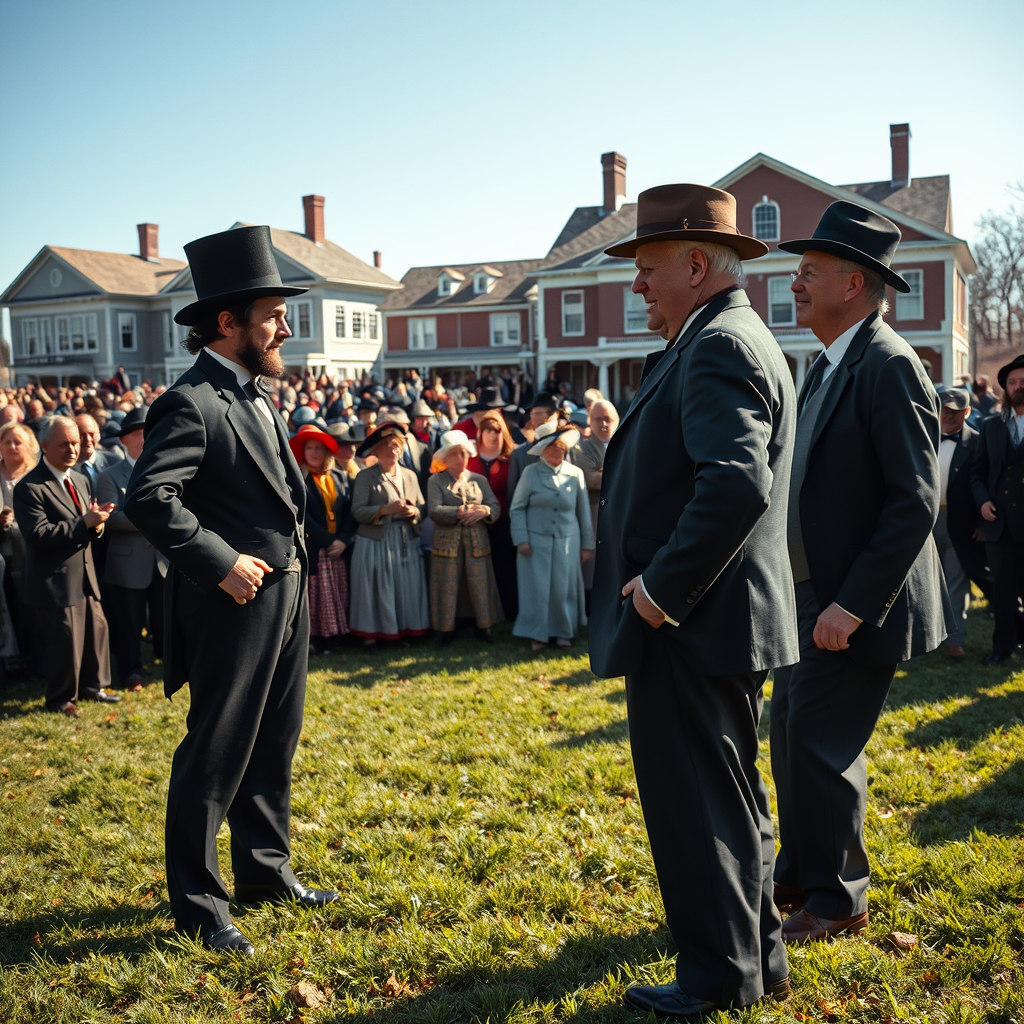 Reenactors portraying Presidents Abraham Lincoln and Franklin D. Roosevelt engage in a heated discussion as other presidential impersonators mill about during the Naper Settlement's Presidents Day exhibit opening in Naperville.