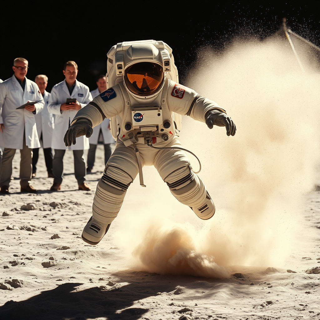 NASA astronaut Lt. Col. Mark O'Neil demonstrates the Artemis Faceplant Module's enhanced tumbling capabilities during field tests at Johnson Space Center's lunar terrain simulator.