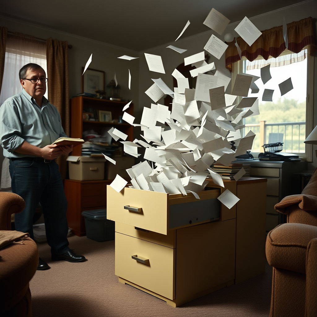 Cleveland paralegal Martin Feldstein observes as his filing cabinet exhibits signs of 'blowback,' ejecting its contents following his reading of a Garry Trudeau comic strip.