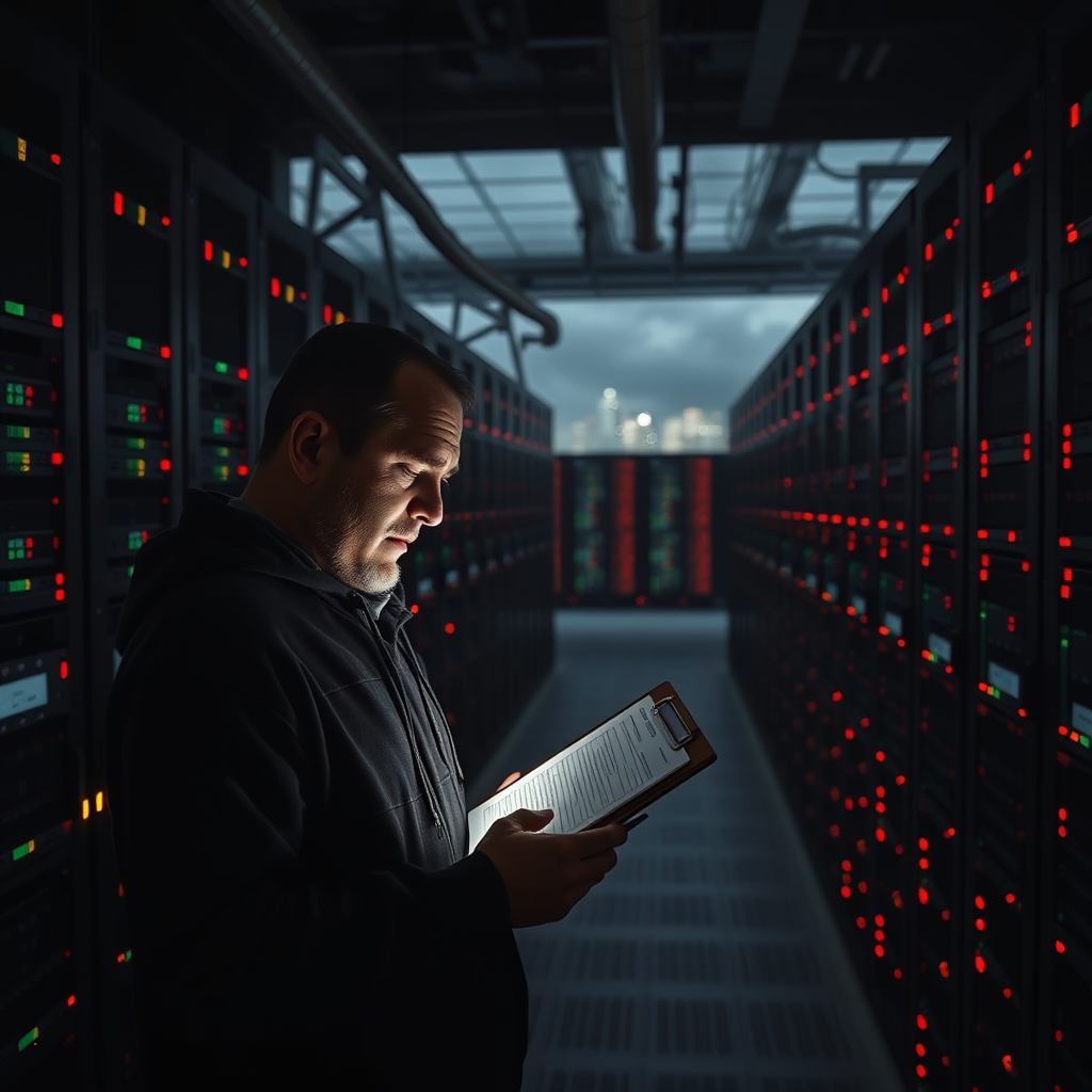 An IT technician surveys a powered-down data center in Virginia after tech companies disconnected servers to avoid higher electricity rates following White House demands.