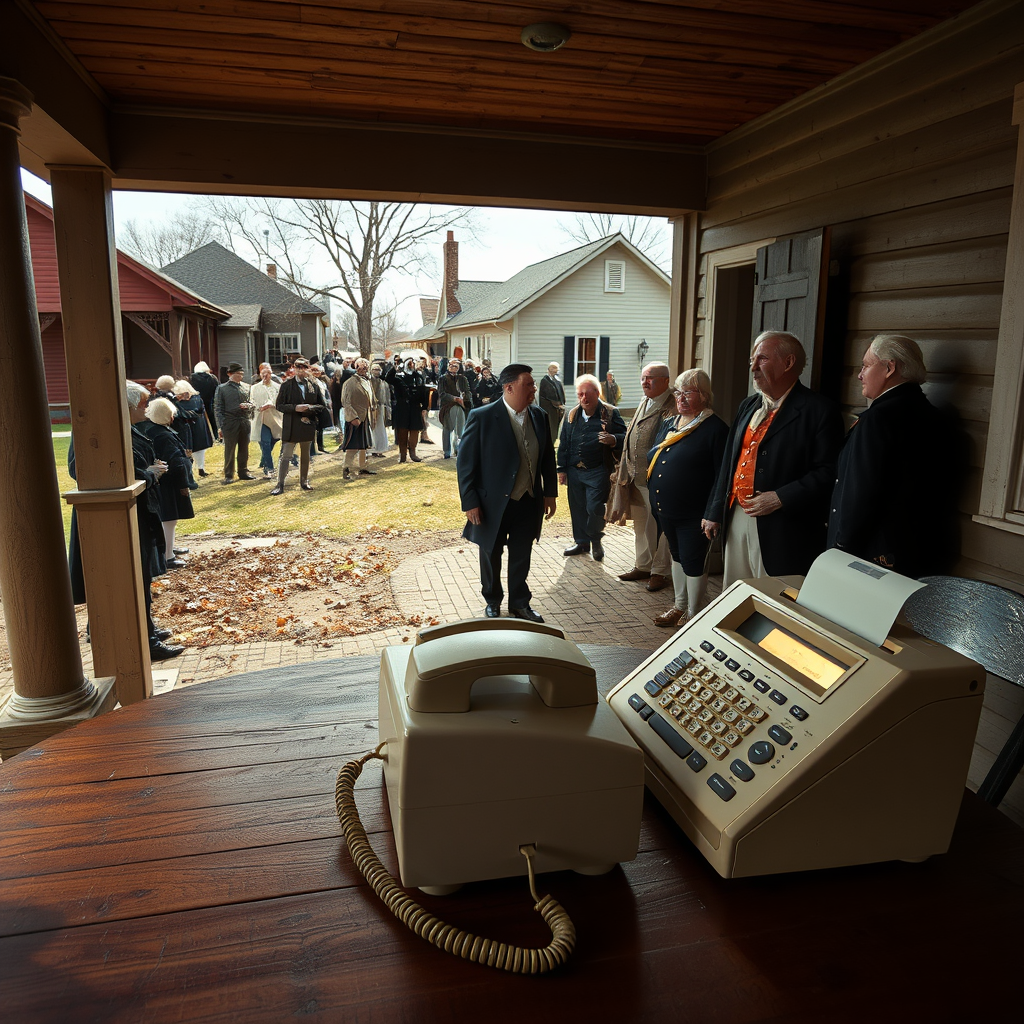 Presidents from various eras congregate outside a historical building after reportedly emerging from a fax machine during Naper Settlement's President's Day event.