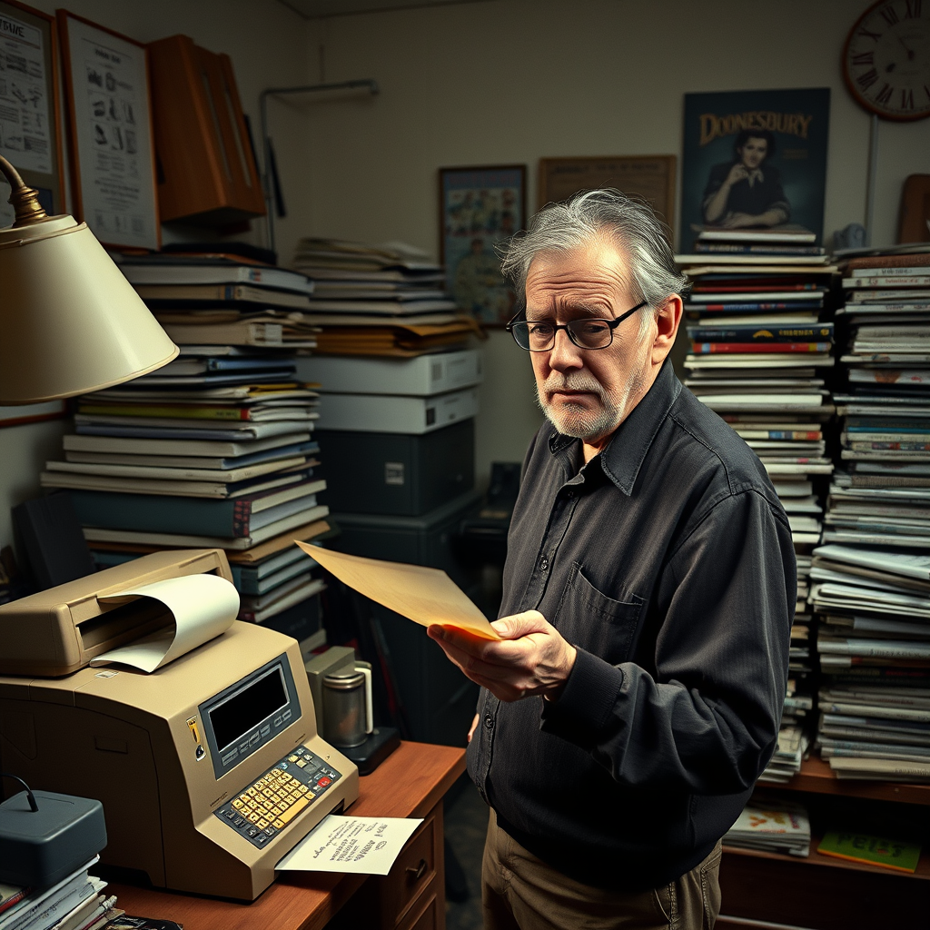 Cartoonist Garry Trudeau examines a document printed on onion-skin paper by his office fax machine in his New Haven studio.