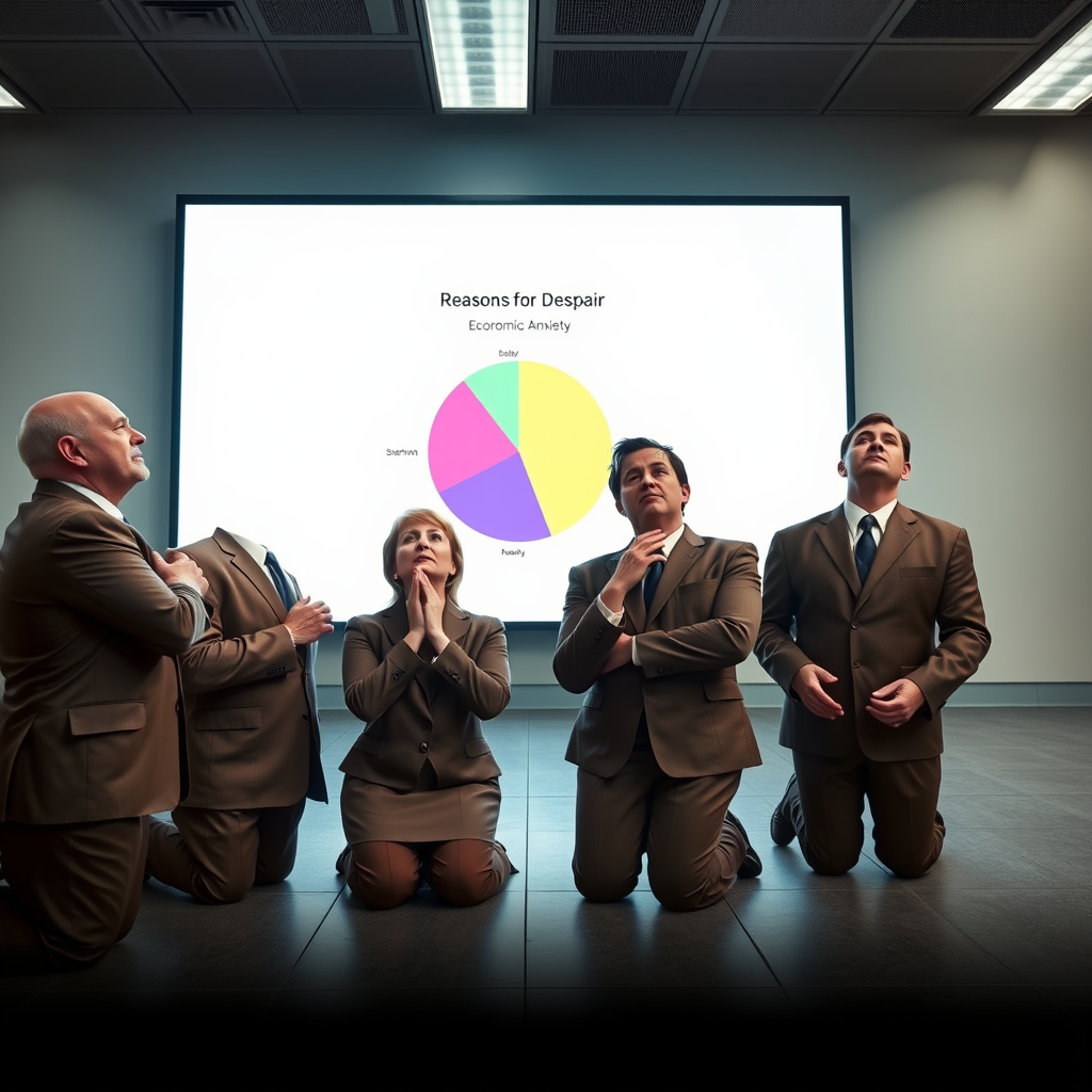 Municipal employees observe inaugural rites of the newly recognized pessimism belief system in City Hall's repurposed sub-basement.