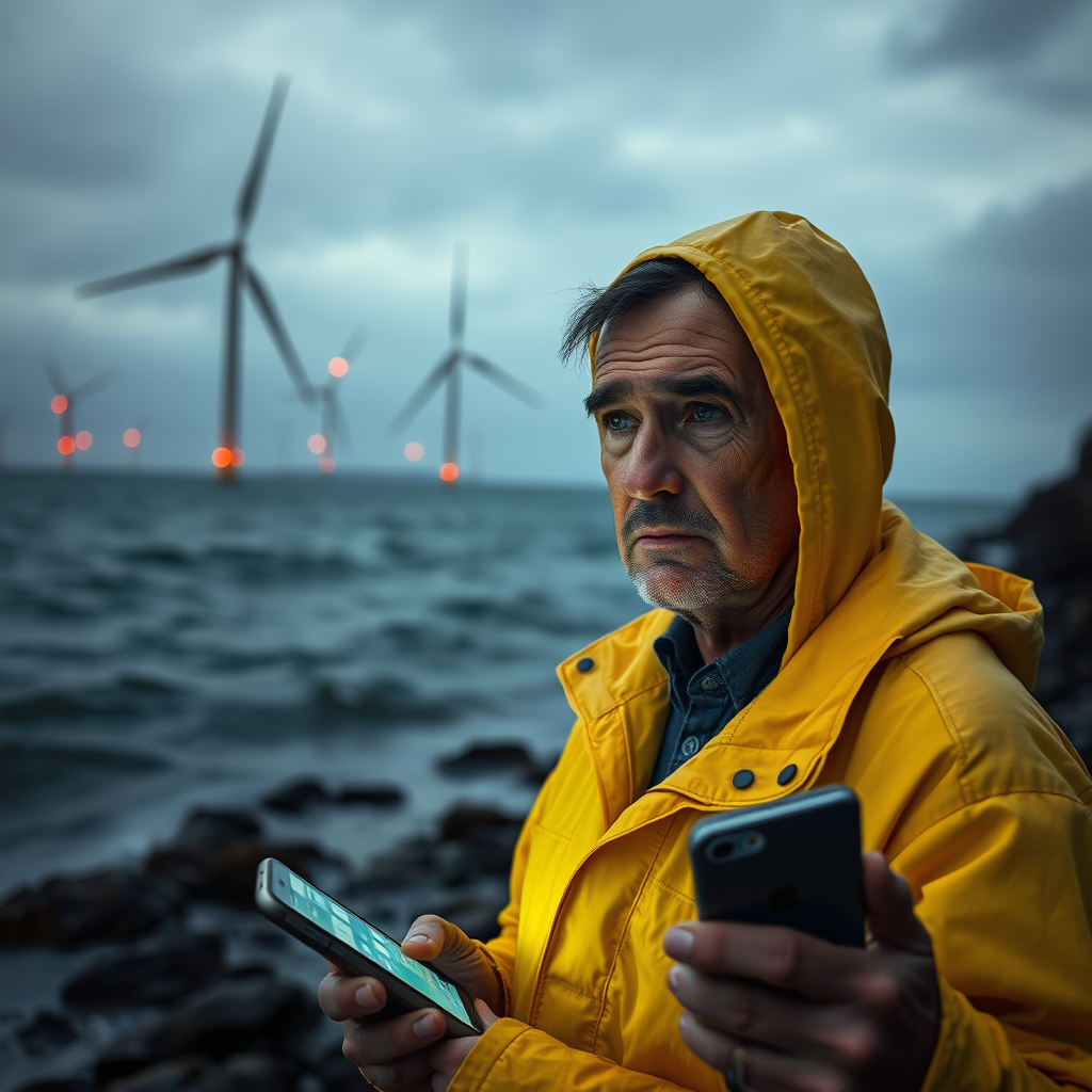 A resident of Rockport, Maine, observes the newly operational offshore wind farm, which federal studies confirm is now harvesting ambient existential dread alongside renewable energy.