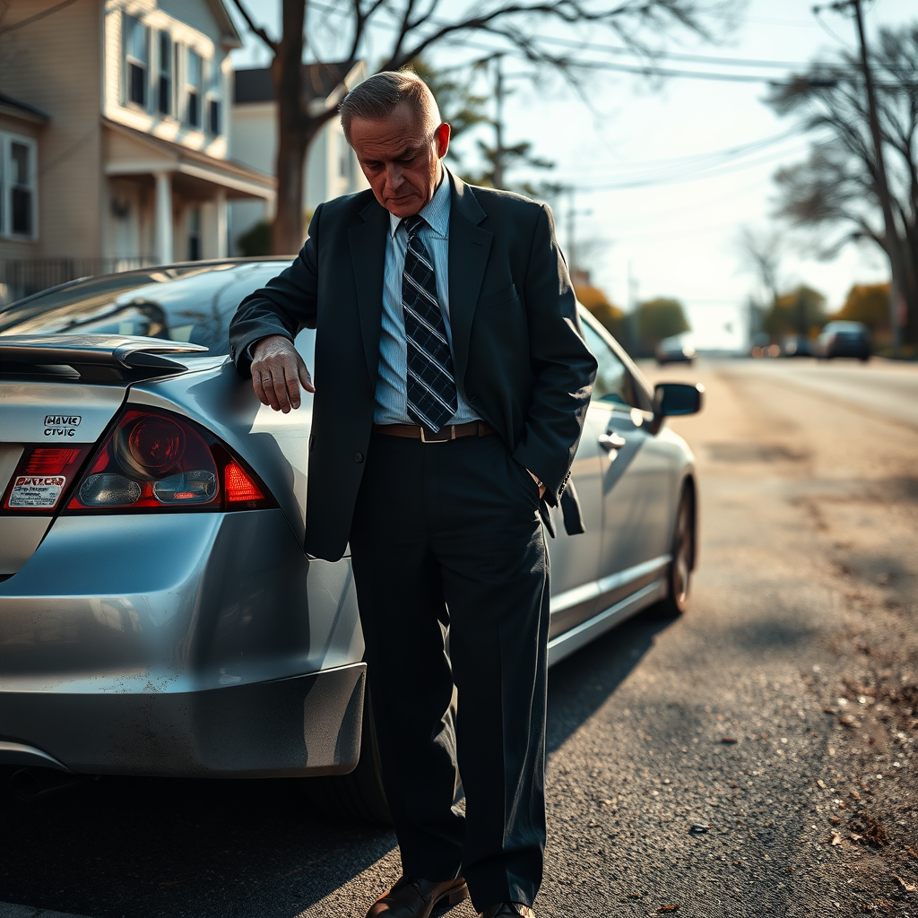 A Newark Police Department investigator stands beside a silver Honda Civic, identified as the source of audio recordings that misdirected a serial killer investigation for three years.