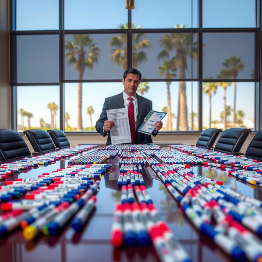 A Nexstar Media Group agent inventories dry-erase markers from the KTLA weather center as part of the severance calculation for laid-off meteorologist Mark Kriski.