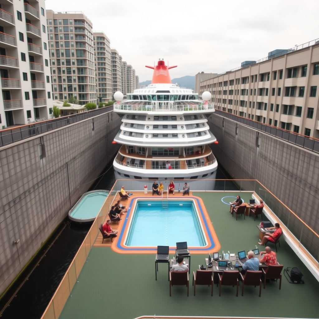 The Norwegian Bliss remains docked at Norwegian Cruise Line's corporate headquarters after rerouting from Mexico, with passengers participating in mandatory compliance workshops on the main deck.