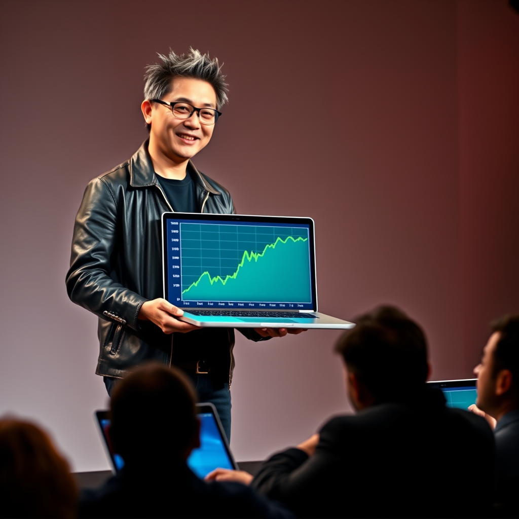 Nvidia CEO Jensen Huang demonstrates the biometric responsiveness of the new Procrastinator Edition chip during a product launch event in Santa Clara, California.