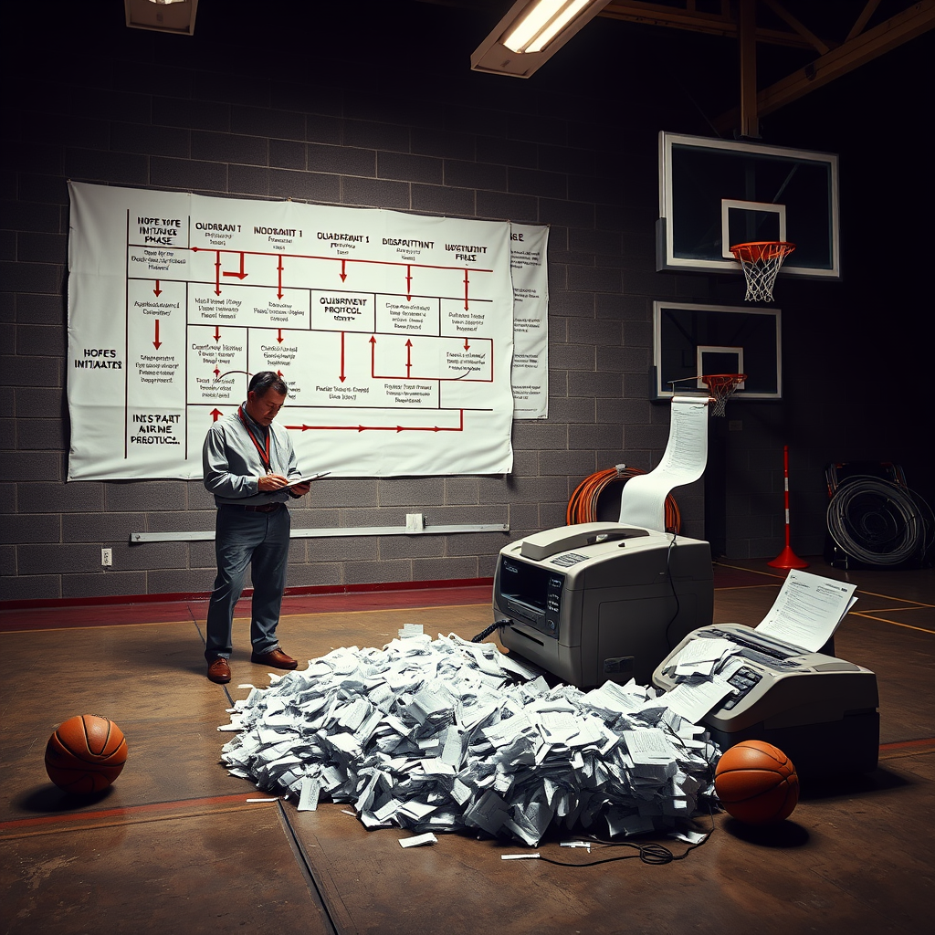 Ohio State's newly appointed Hopes Manager reviews procedural documents while the department's dedicated fax machine disseminates official disappointment forms following the team's loss to Iowa.