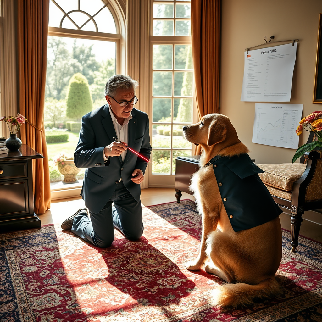Venture capitalist Peter Thiel reviews market data with his golden retriever, Babbage, who was recently appointed to a six-figure advisory role at Thiel Capital.