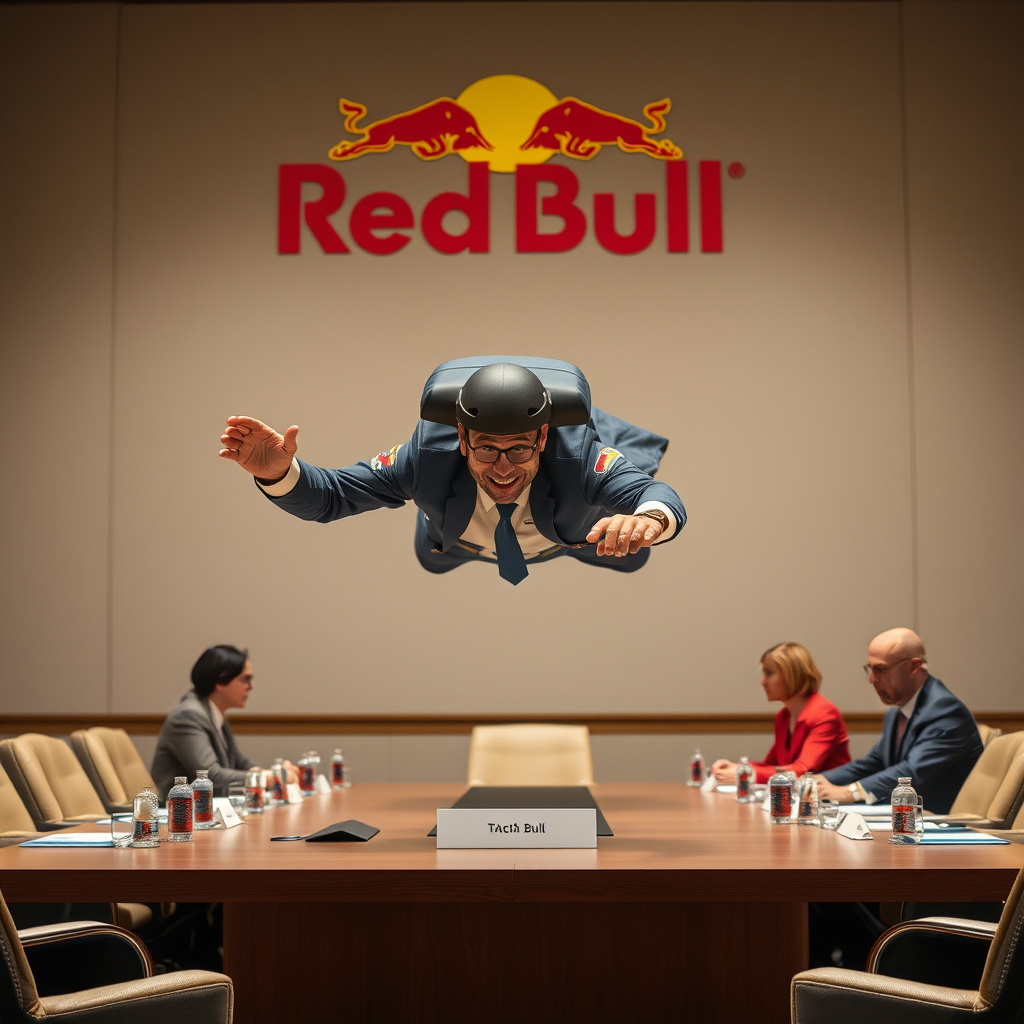 Red Bull CEO Dietrich Mateschitz assesses the aftermath of his parachute landing during a quarterly earnings meeting at the company's Salzburg headquarters.