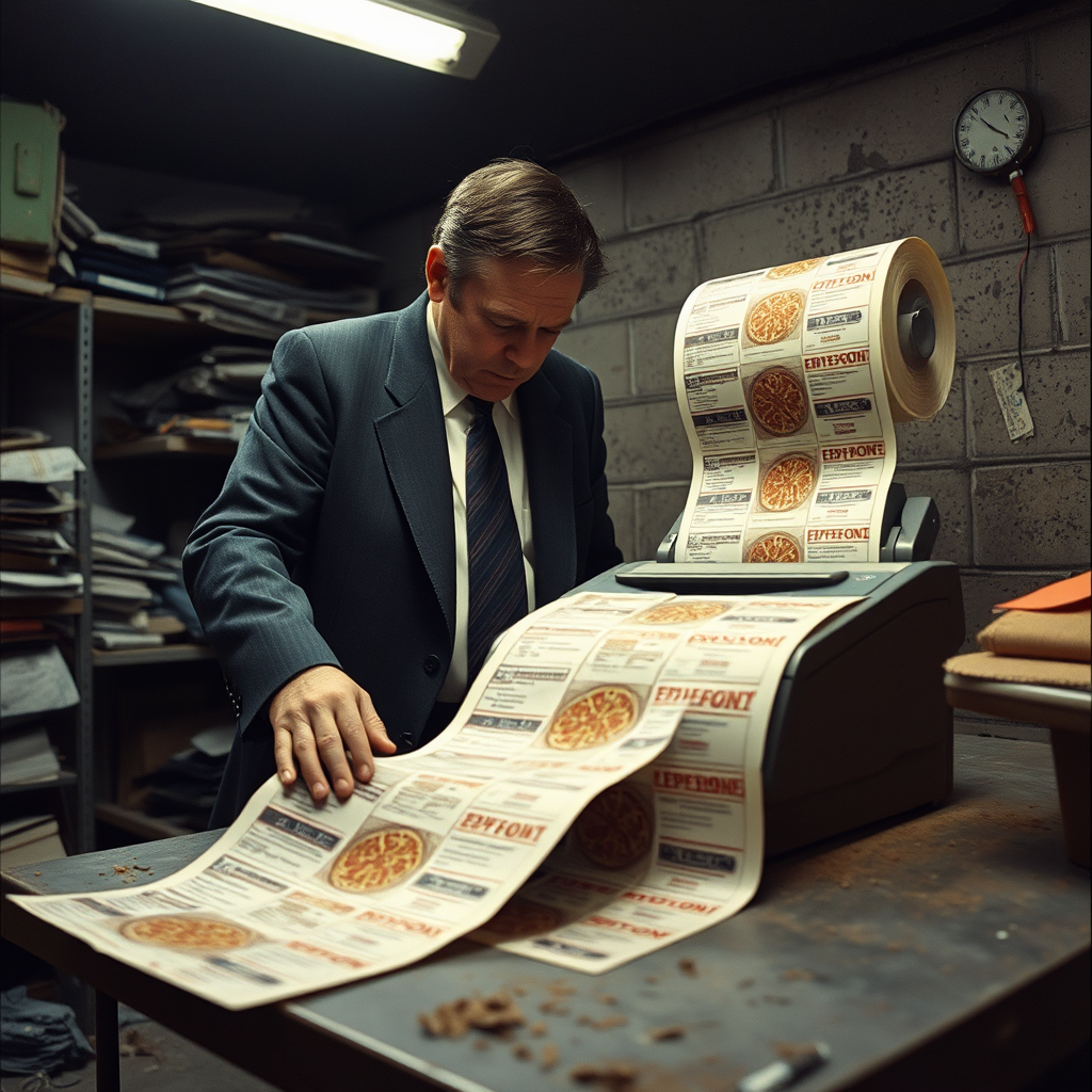 A senior Metropolitan Police officer examines a malfunctioning fax machine in a basement storage room at New Scotland Yard. The device, which is the sole approved method for transmitting evidence related to the Prince Andrew investigation, has been printing pizza coupons instead of official documents for three weeks.