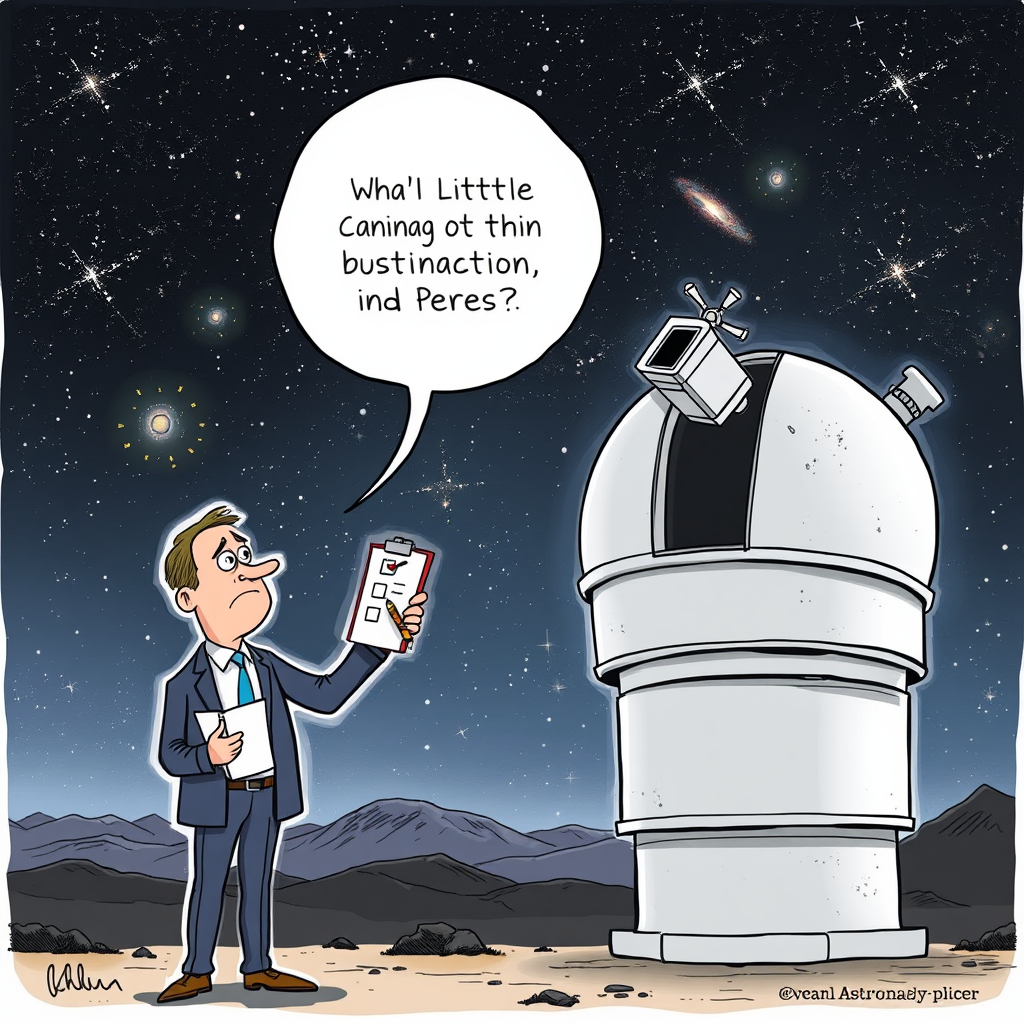 Dr. Alistair Finch reviews a flagged image of a galactic merger at the Rubin Observatory, where the survey is stalled by a legal requirement to verify cosmic property claims.