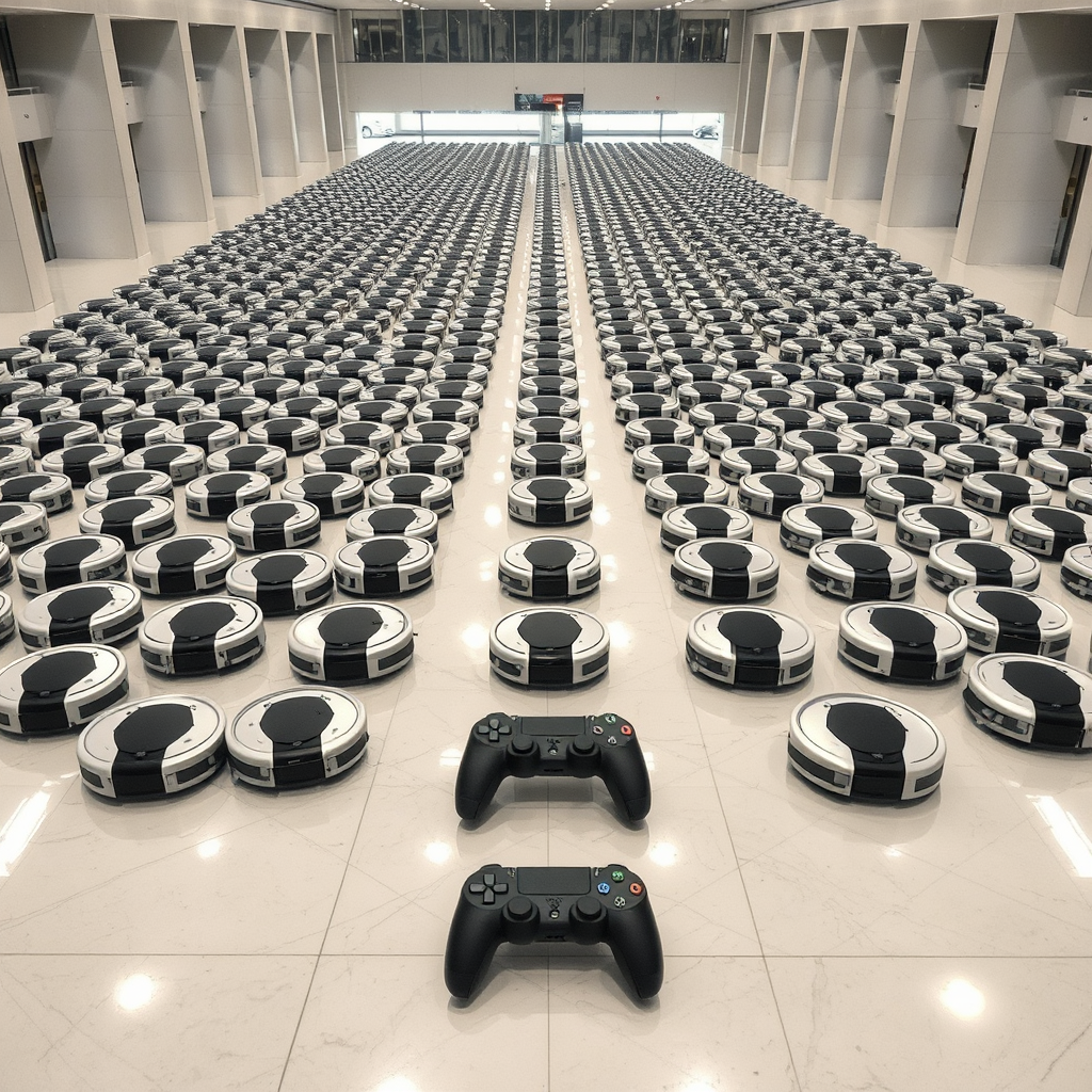 Software engineer Sammy Azdoufal monitors the unintended global network of DJI Romo vacuums from his server room, their movements now dictated by misinterpreted weather data.