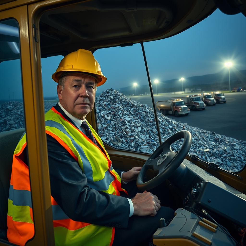 A bulldozer compacts software company stock certificates at a waste management facility outside Reno, part of a widespread physical liquidation of equities by investors fearing AI obsolescence.