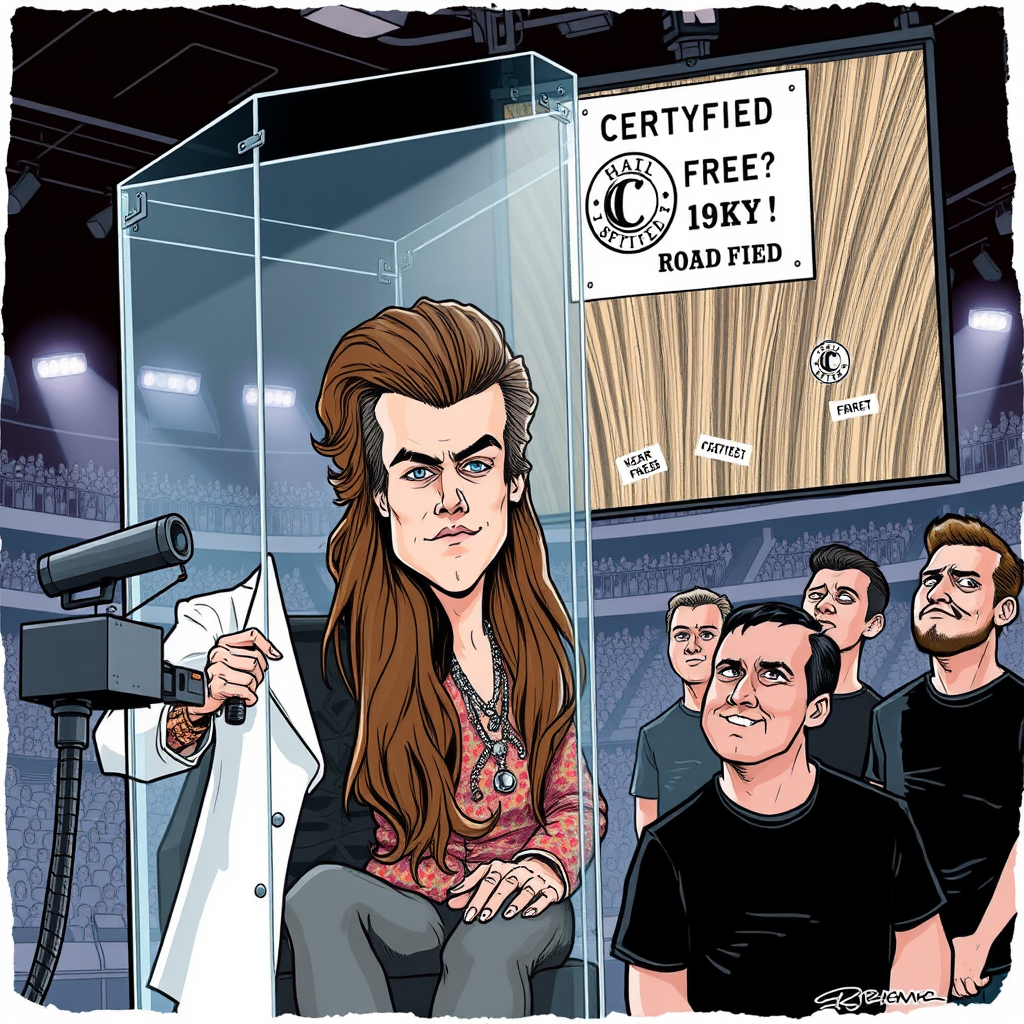 Harry Styles undergoes a pre-show follicular integrity audit as mandated by a new rider clause, with the inspection livestreamed to the arena's display screens.