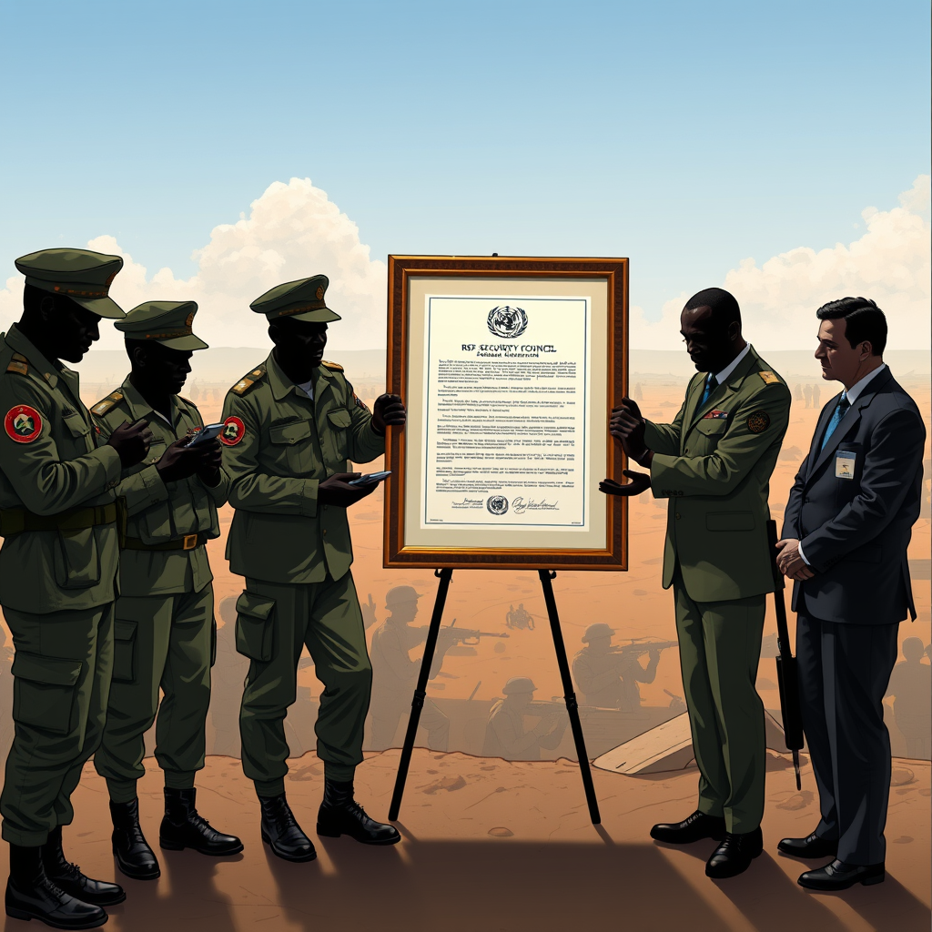 A United Nations diplomat finalizes the placement of the sanctions resolution during a Security Council session concerning atrocities in Sudan.