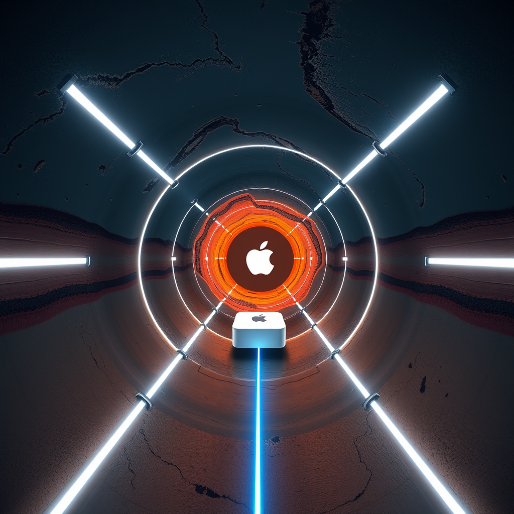 An Apple engineer inspects the interior of the company's newly operational Earth-spanning delivery tunnel, minutes before the first Mac mini is scheduled for its 42-minute subterranean journey to a factory in Shenzhen, China.