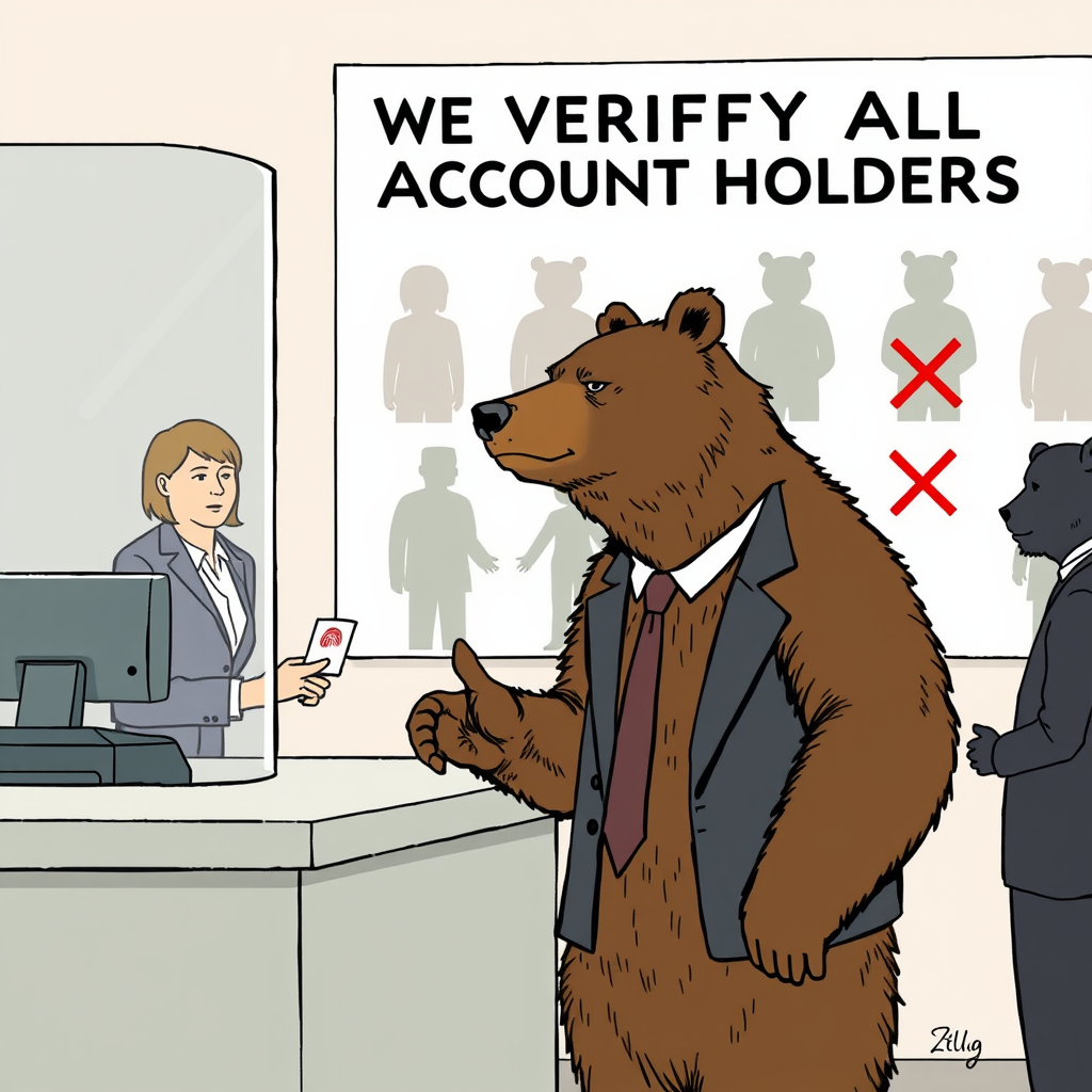 A bank manager administers a cognitive function test to a customer as part of a new federal pilot program requiring proof of human consciousness for all financial transactions.