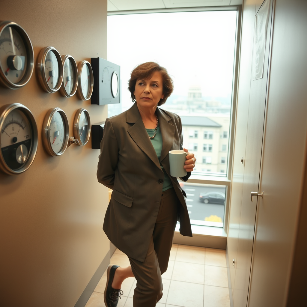 A cultural metrics analyst monitors rhythmic assimilation levels at the Bureau of Rhythmic Understanding headquarters in Cincinnati.