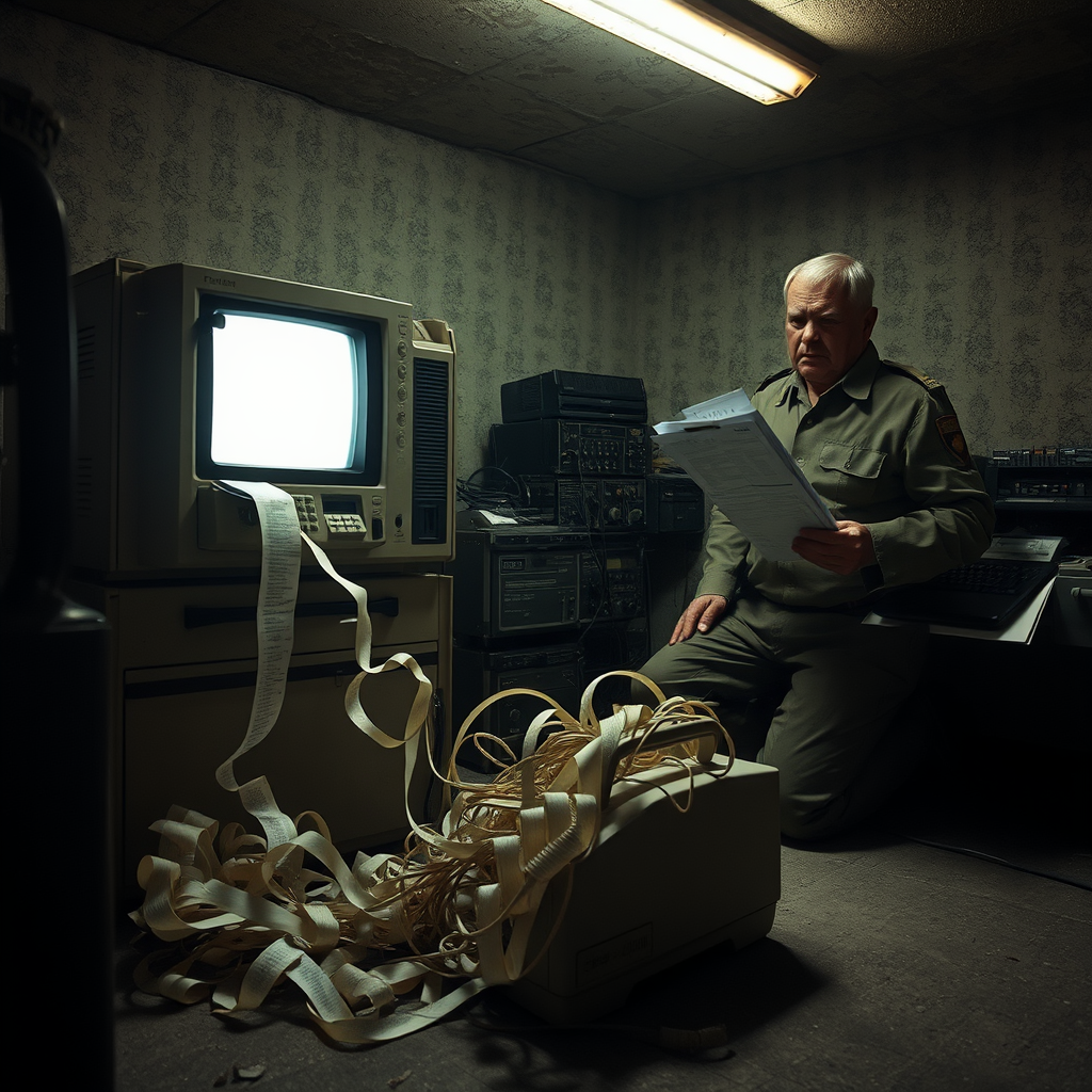 A Ukrainian military officer monitors a critical frontline fax machine as it malfunctions during a high-stakes bureaucratic authorization process for drone strikes.