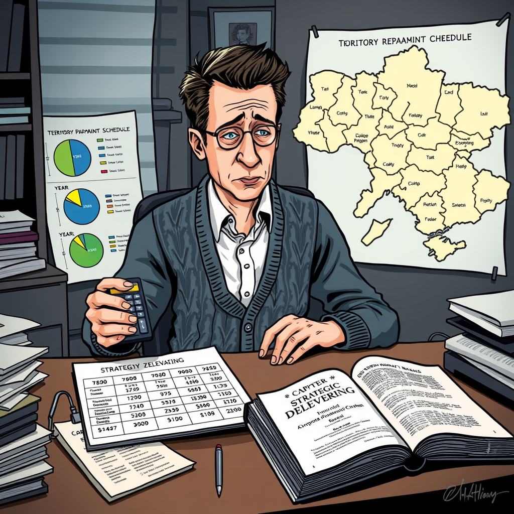 Ukrainian officials review territorial concession schedules in a Kyiv command center, as a fax machine transmits the latest installment of land transfers to Russian authorities.