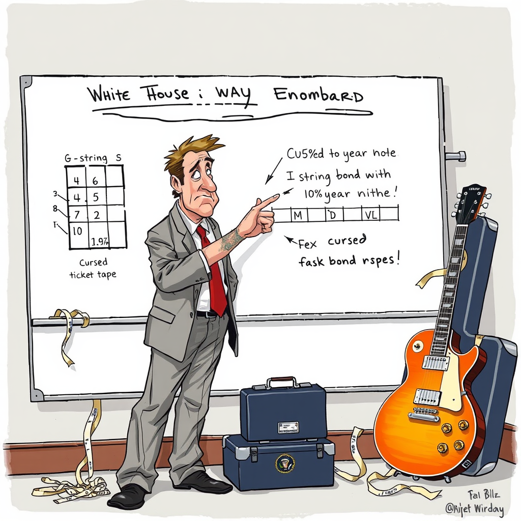 Acting Council of Economic Advisers Chair Pierre Yared briefs reporters on the Citrini AI risk report while standing before an economic model based on a guitar fretboard, Feb. 24, at the White House.