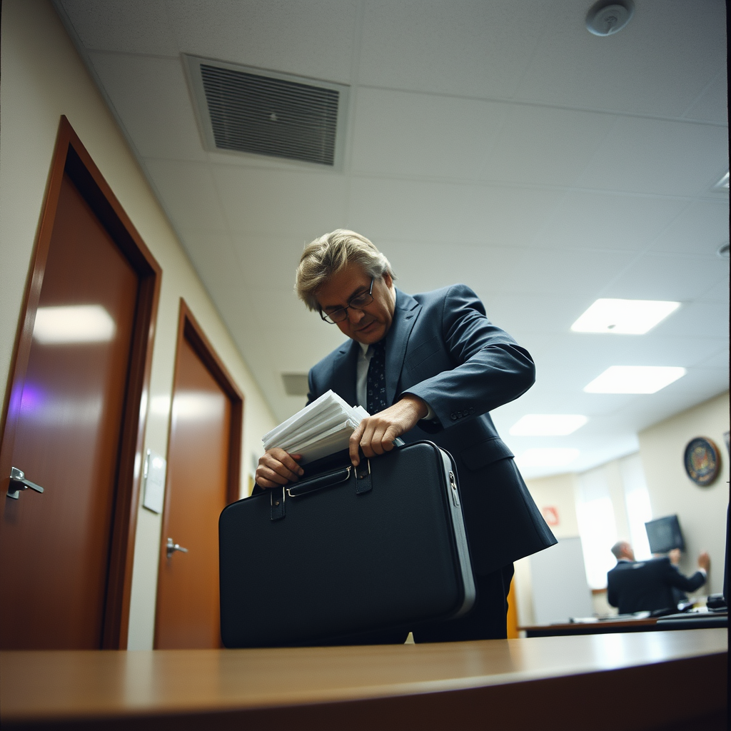 A junior policy analyst works late at the Eisenhower Executive Office Building, compiling data for the administration's newly mandated registry of trade-policy-related thoughts.