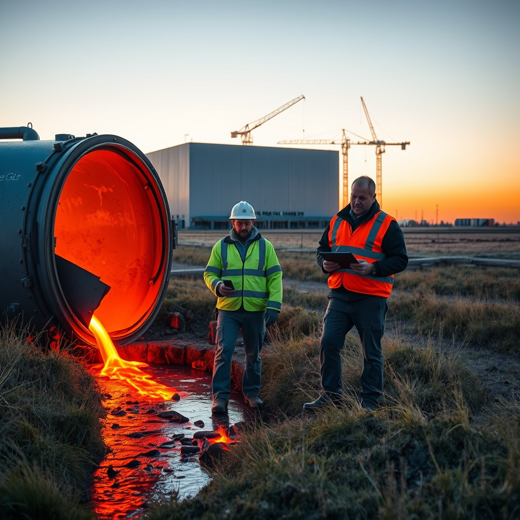 Xcel Energy technicians monitor a containment leak at the Form Energy battery site in Pine Island, where molten iron has breached the casing and entered the local watershed.